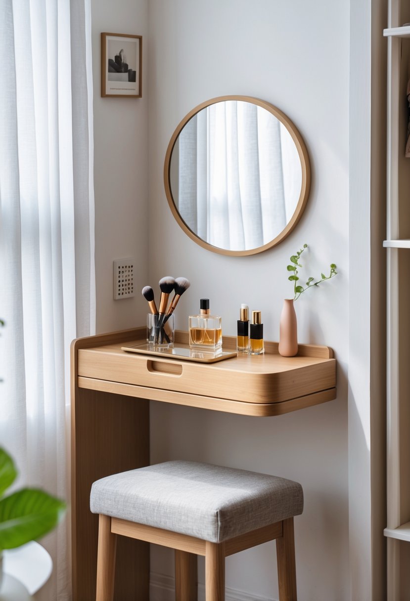 A compact corner dressing table with a round mirror, beauty accessories, and a cushioned stool in a bright bedroom corner.