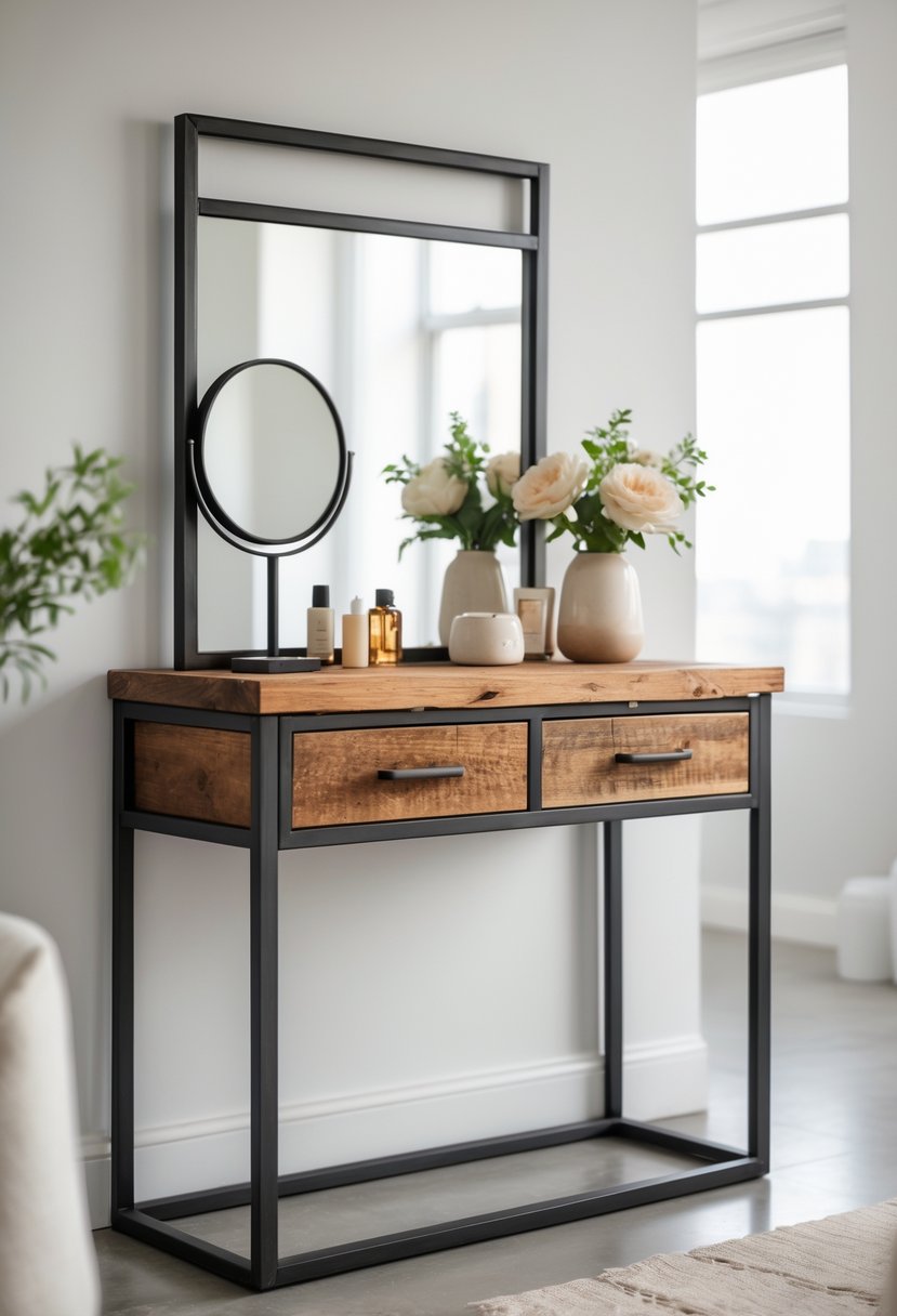 A dressing table with a metal frame and wooden surfaces in a bright room, decorated with a round mirror, vase with flowers, and beauty products.