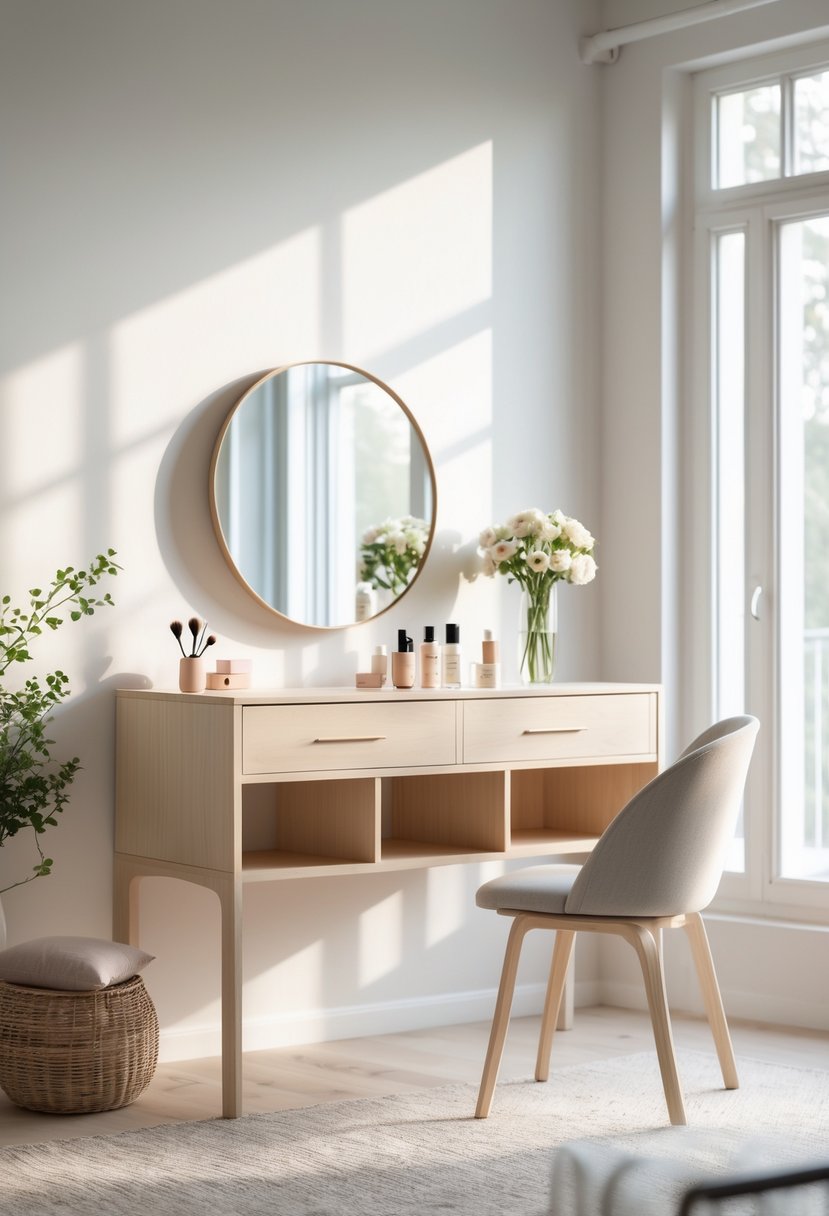 A dressing table with a round mirror, flowers, and beauty products in a bright, tidy room.