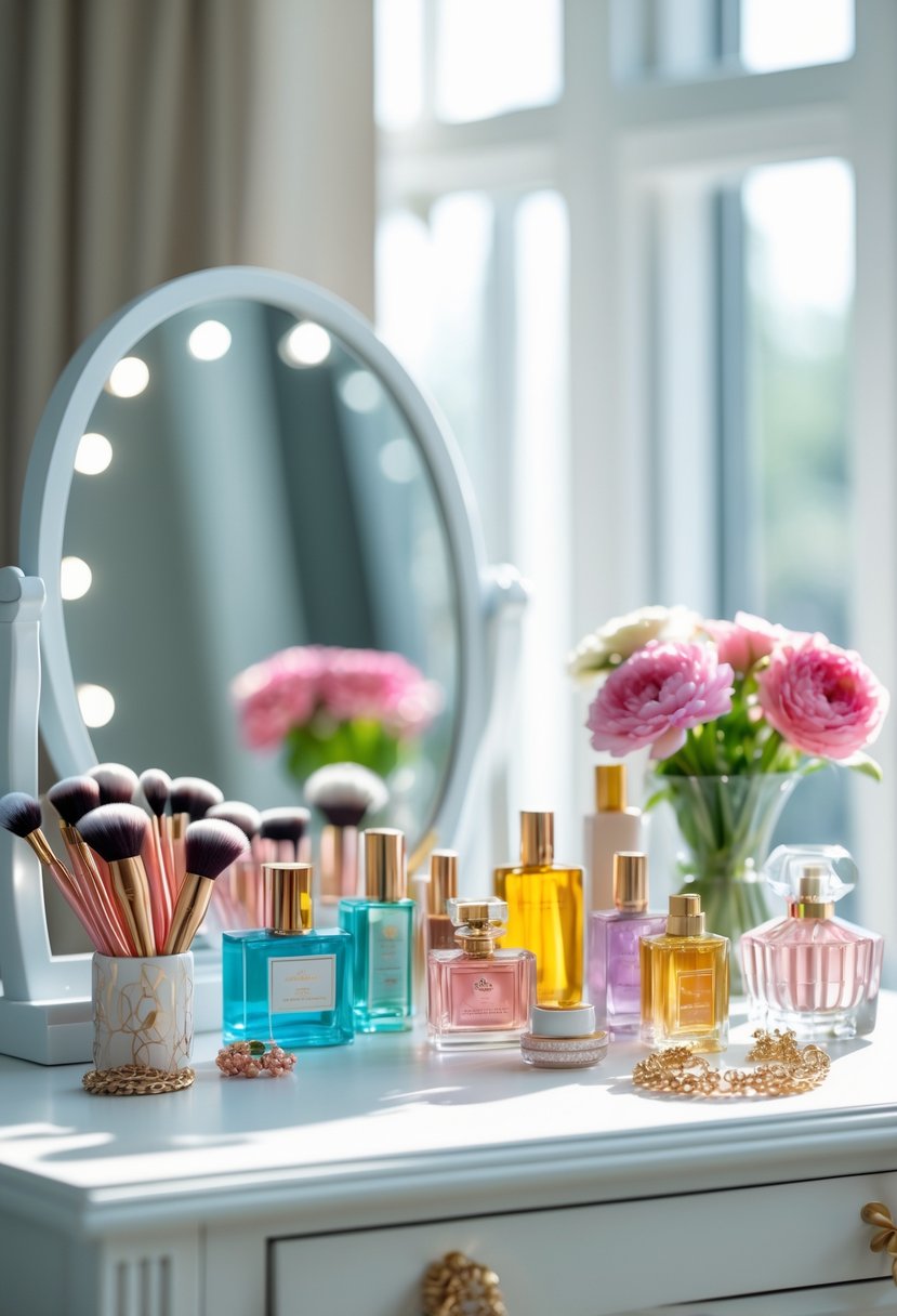 A well-organized dressing table with a mirror, makeup brushes, perfume bottles, flowers, and jewelry arranged neatly.
