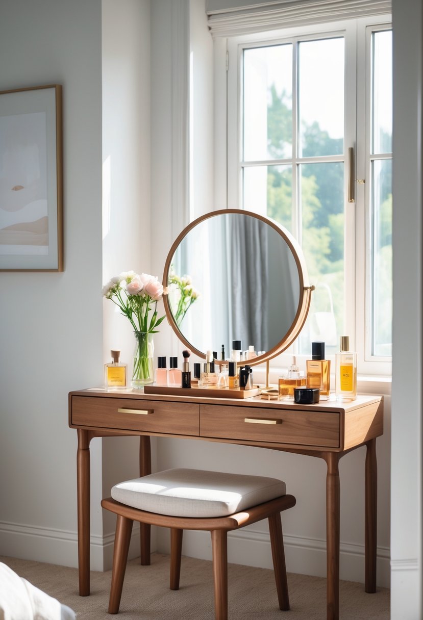 A bright bedroom corner with a wooden dressing table, round mirror, beauty products, cushioned stool, and natural light from a window.