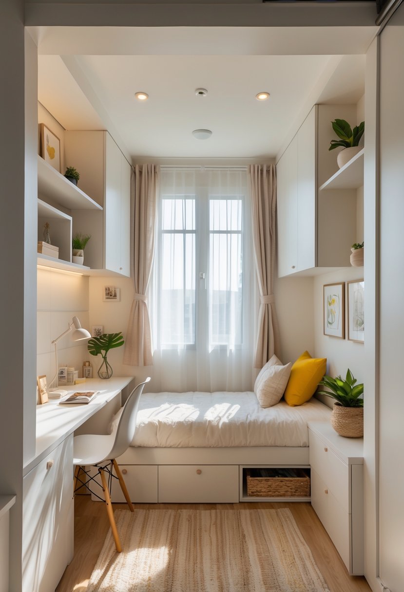 A small bedroom with a single bed, built-in storage, a desk, and a window letting in natural light.