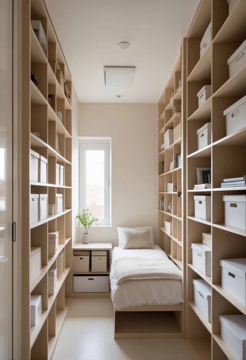 A small bedroom with vertical shelving filled with storage boxes and a single bed, showing organized and space-saving storage.