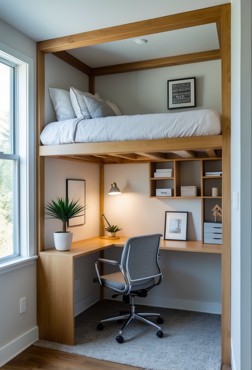 A small bedroom with a loft bed elevated above a desk and chair underneath, showing a compact and organized living and working space.