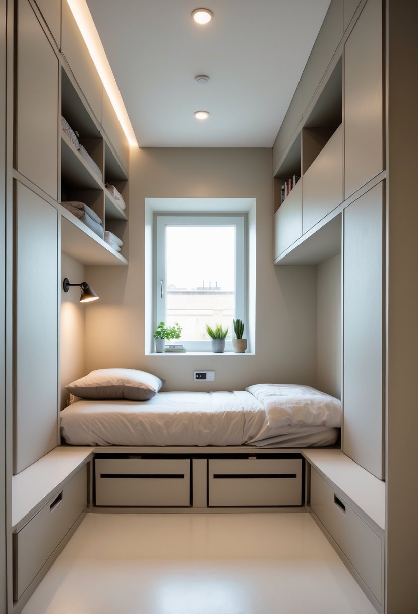 A small bedroom with built-in storage units, a single bed with drawers underneath, and a clean, organized interior.