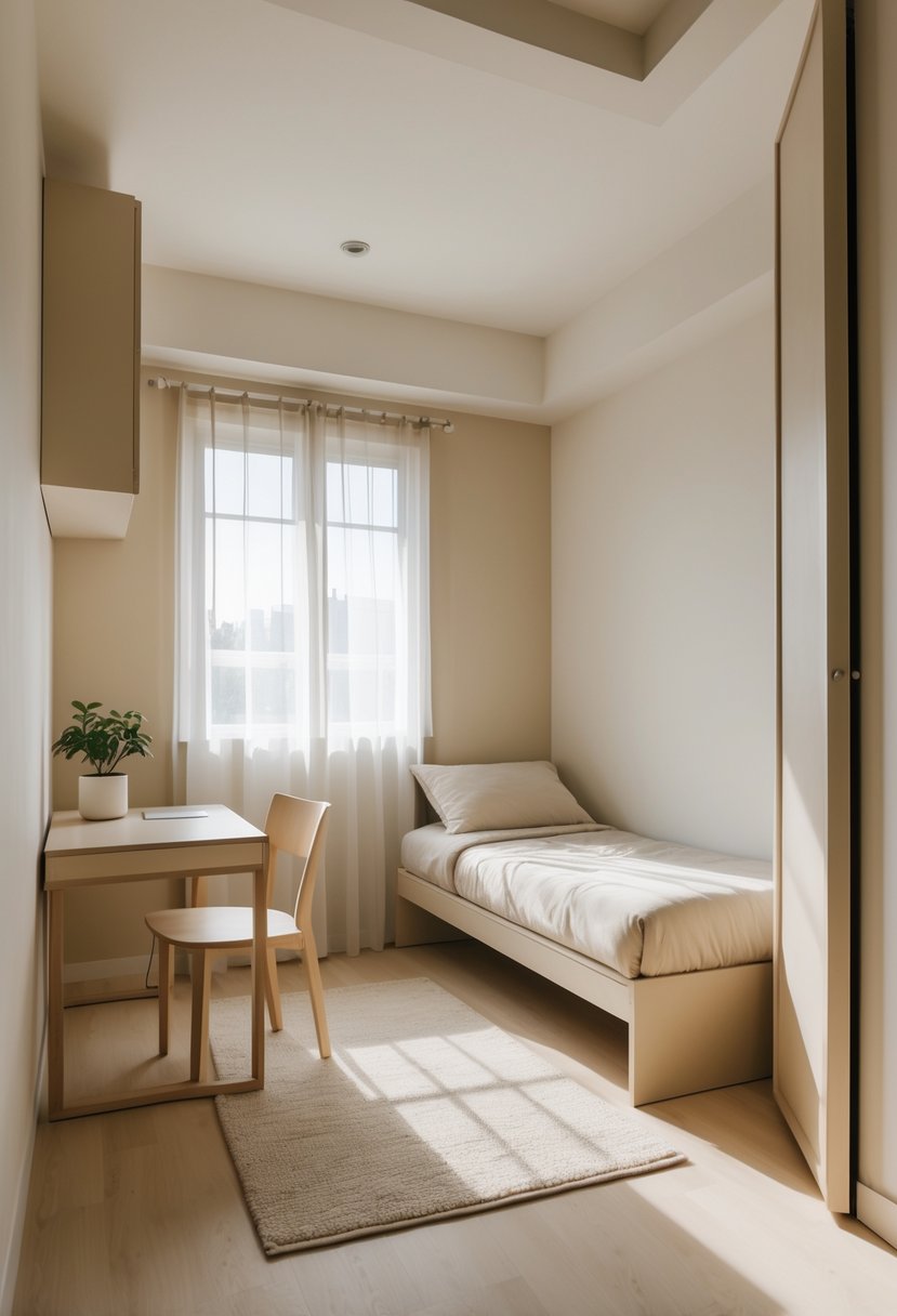 A small bedroom painted in light neutral colors with a single bed, wooden furniture, and natural light coming through a window.