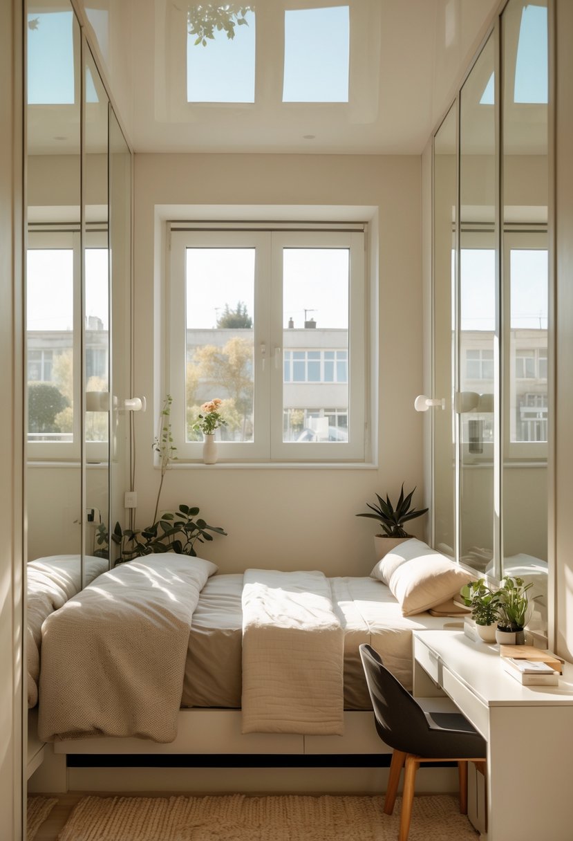 A small bedroom with a bed, mirrors on the walls reflecting sunlight, and minimal furniture creating a bright and spacious feel.