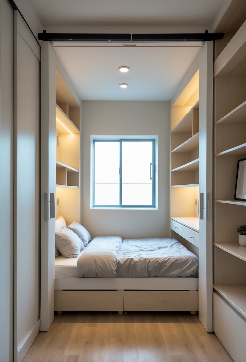 A small bedroom with sliding doors, a bed, shelves, and natural light coming through a window.
