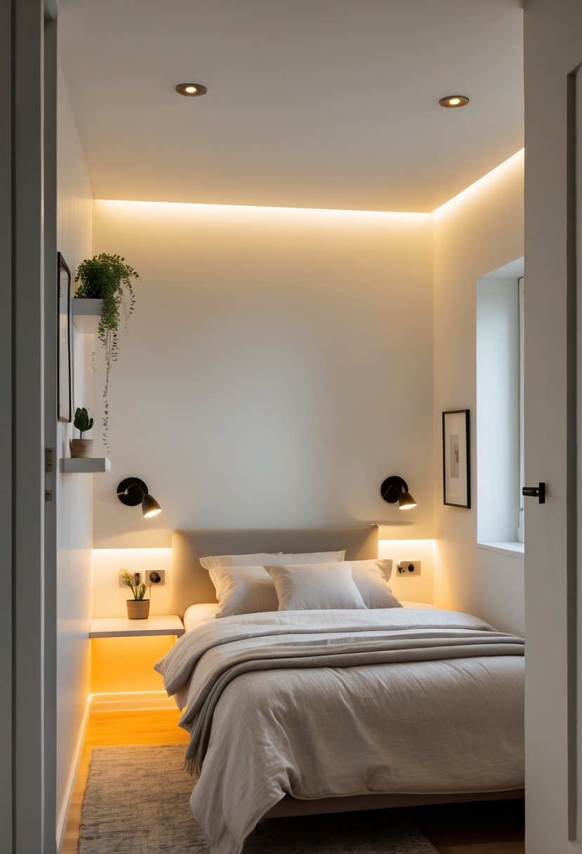 A small bedroom with a bed and wall-mounted lighting fixtures on the walls instead of floor lamps.