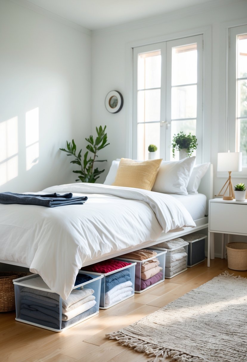 A clean bedroom with a bed showing clear storage boxes underneath filled with folded clothes and linens.