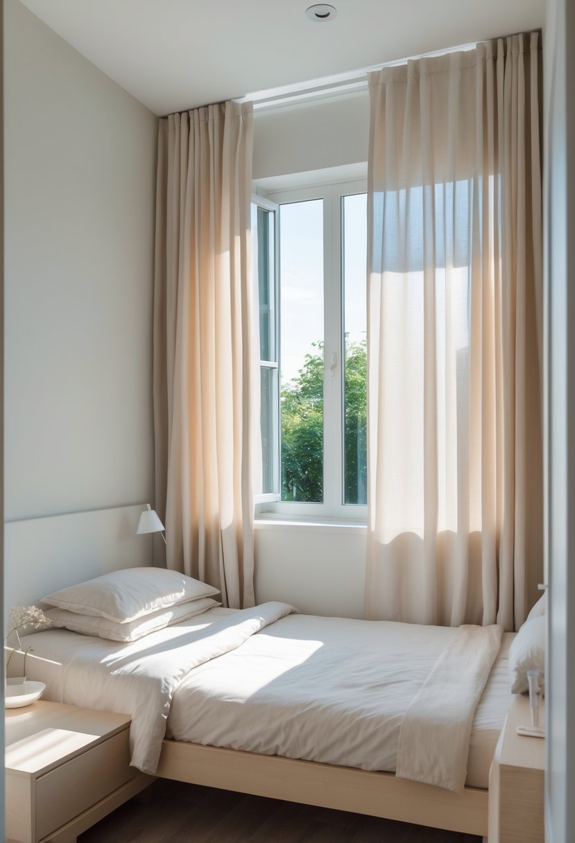 Small bedroom with curtains hung high and wide above a window, letting in natural light.
