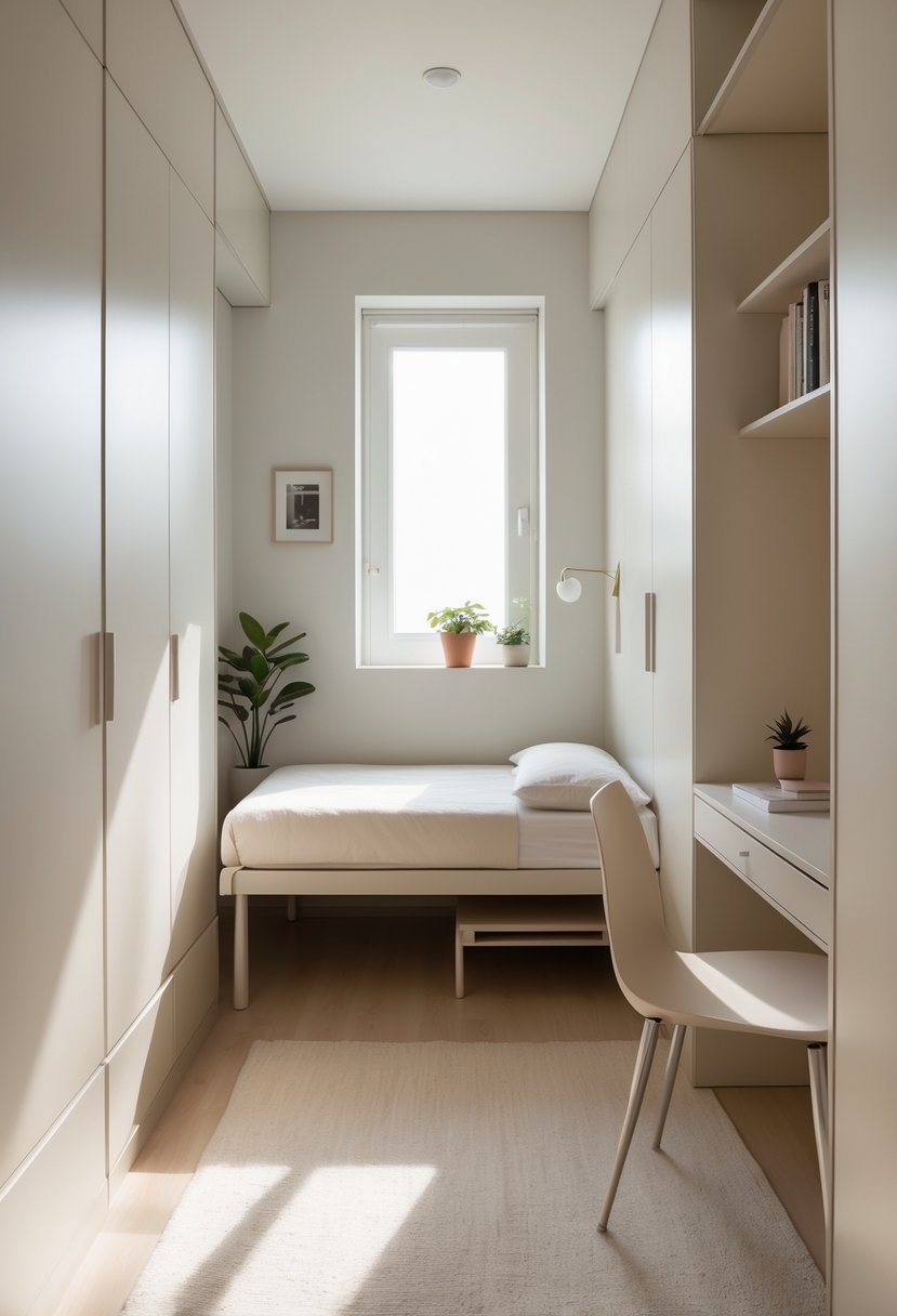 A small bedroom with slim furniture including a narrow bed, compact desk, and wardrobe, arranged to maximize space.