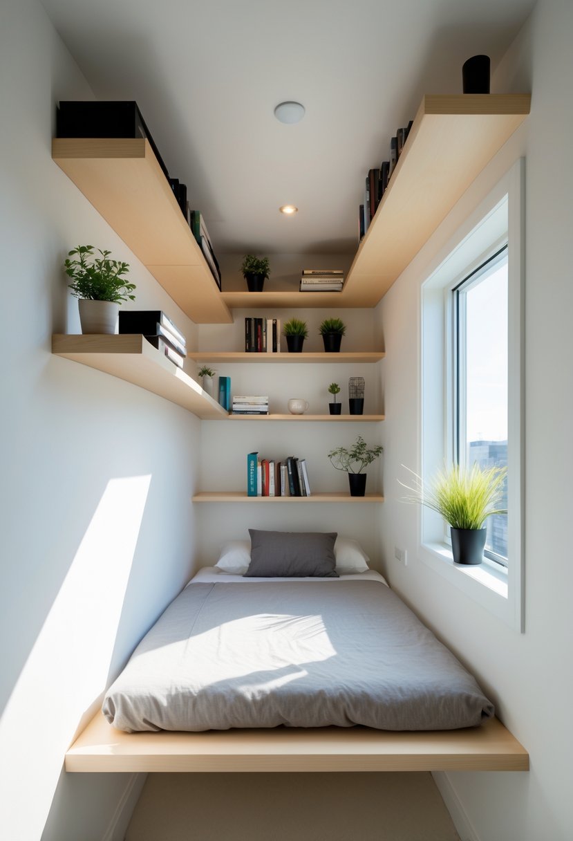 A small bedroom with floating desks and shelves mounted on the walls, keeping the floor clear and the room organized.