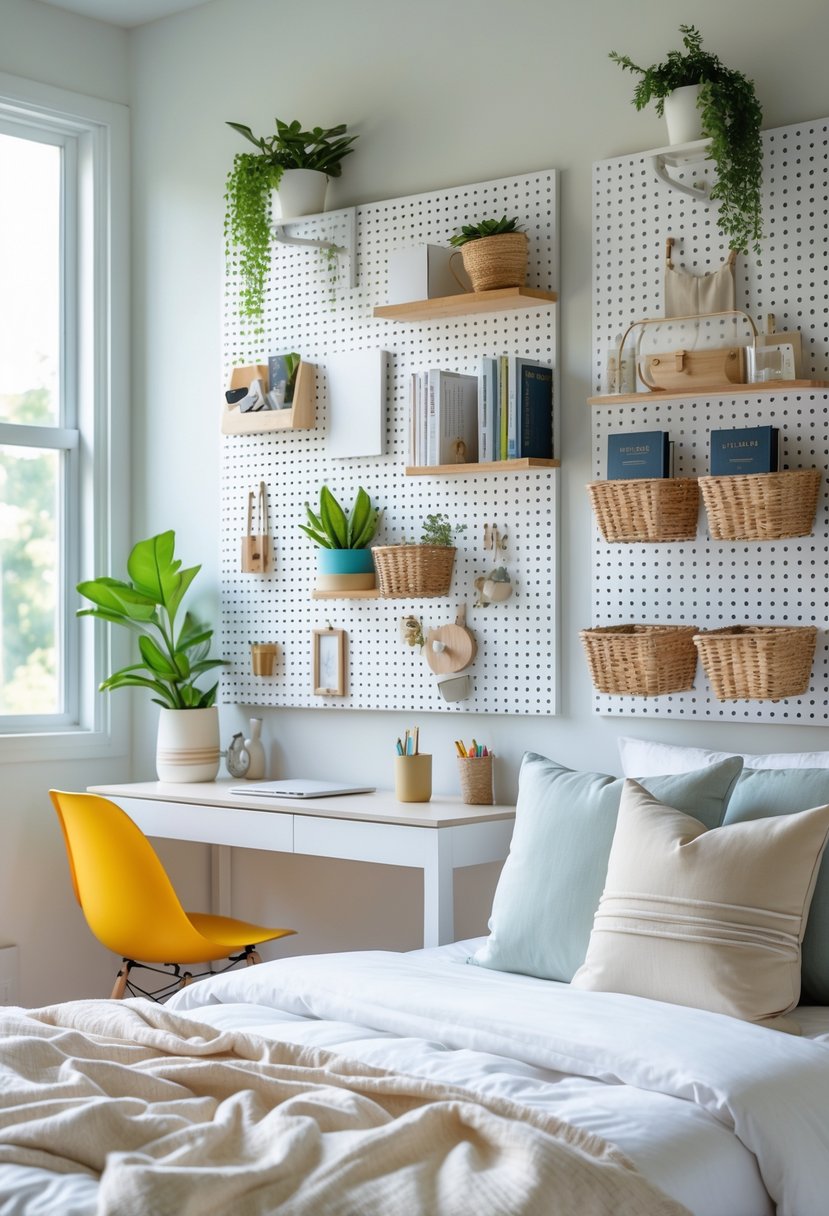 A bedroom with a pegboard wall displaying shelves and hooks holding books, plants, and decorations above a desk next to a neatly made bed.