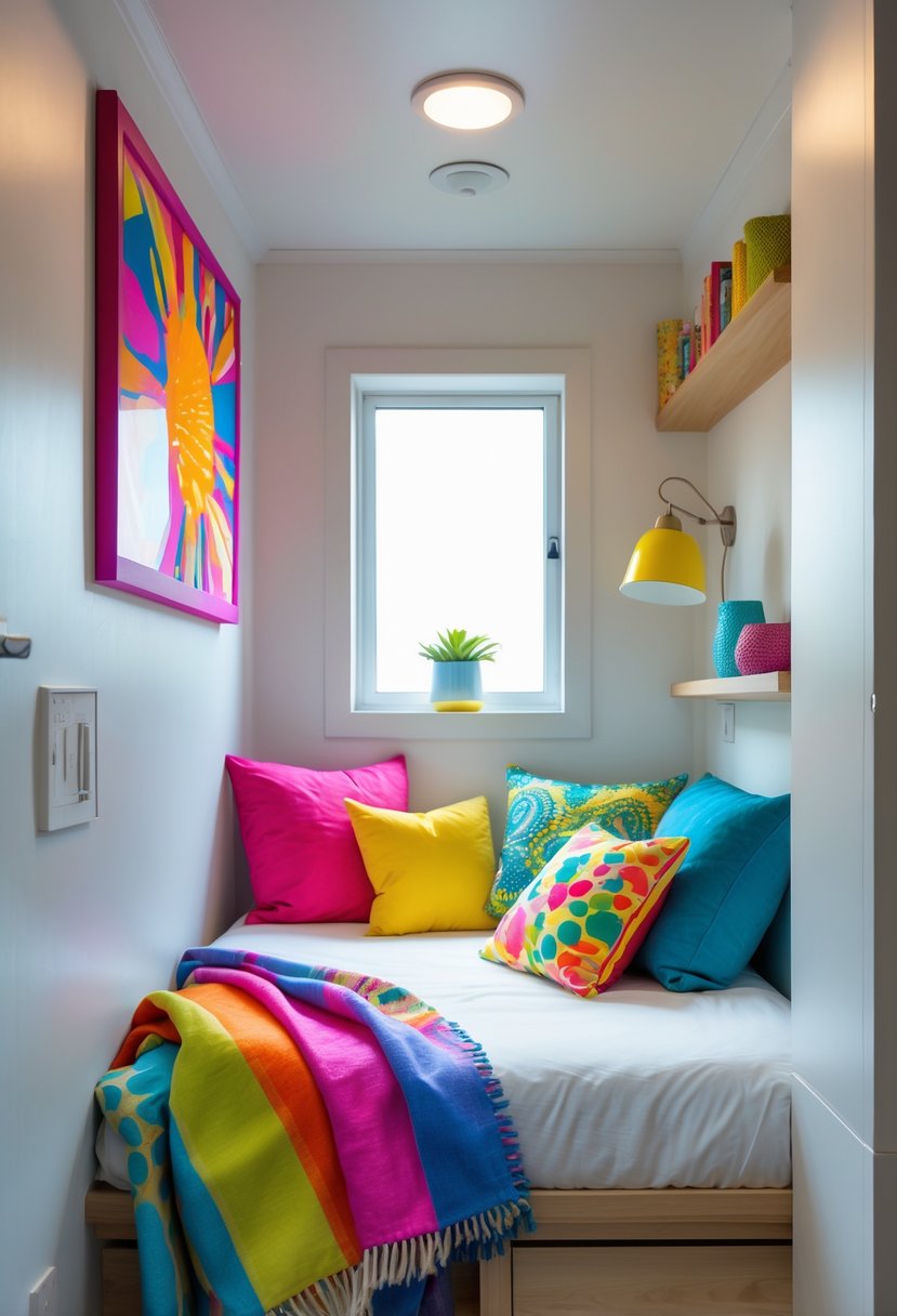 A small bedroom with a bed decorated with colorful cushions and a throw, bright artwork on the walls, and natural light coming through a window.