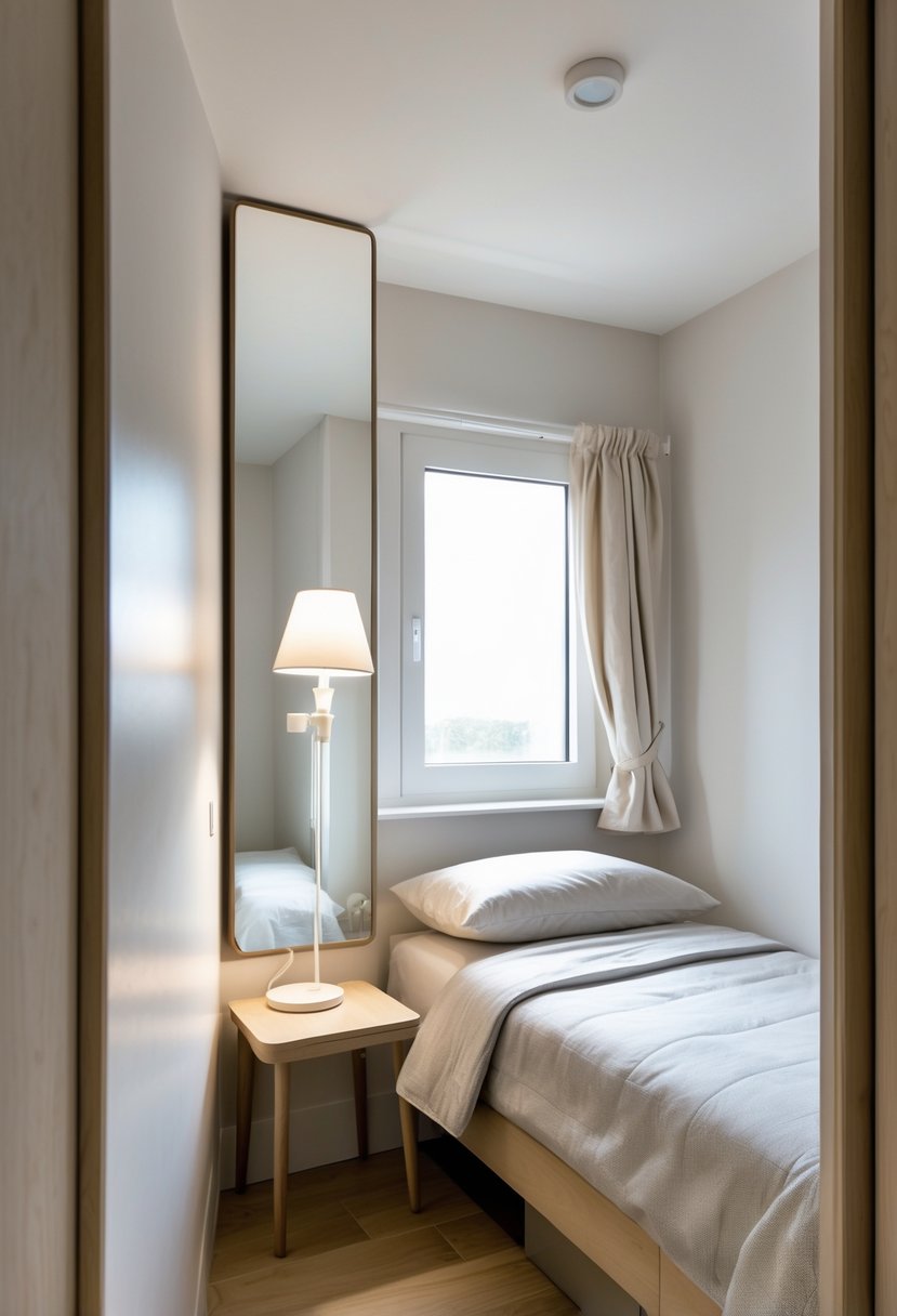 A small bedroom with a narrow full-length mirror on the wall, a single bed, and a bedside table, showing a tidy and compact living space.
