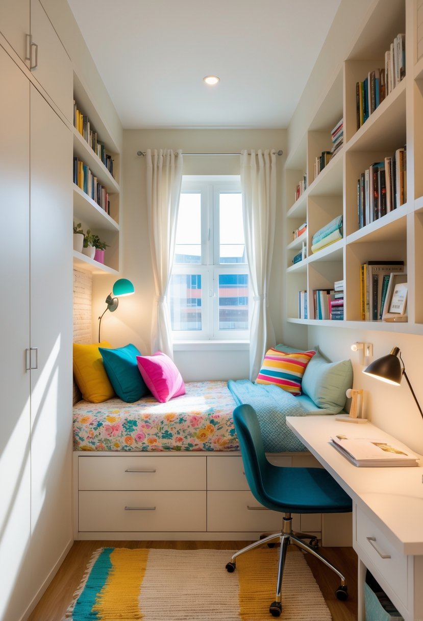 A small, neatly organized bedroom with a single bed, built-in shelves, a desk, and natural light from a window.