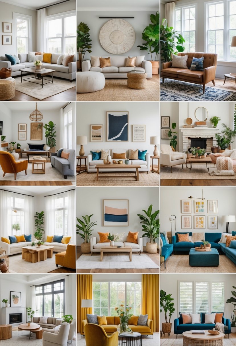 A collage of ten different living rooms, each with furniture, decorations, and windows showing various interior designs.