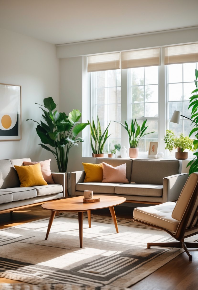 A bright living room with a sofa, coffee table, lounge chair, plants, and decorative items arranged in a cozy and inviting setting.