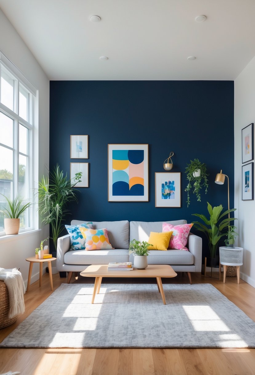 A living room with a navy blue accent wall, a sofa, coffee table, and indoor plants.