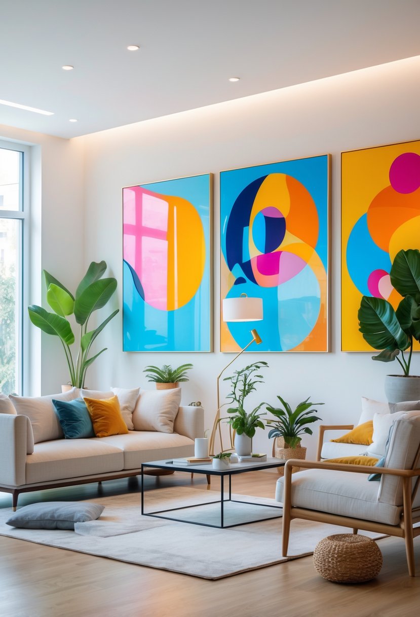 A modern living room with large colorful abstract paintings on the walls, a sofa, coffee table, plants, and natural light coming through windows.