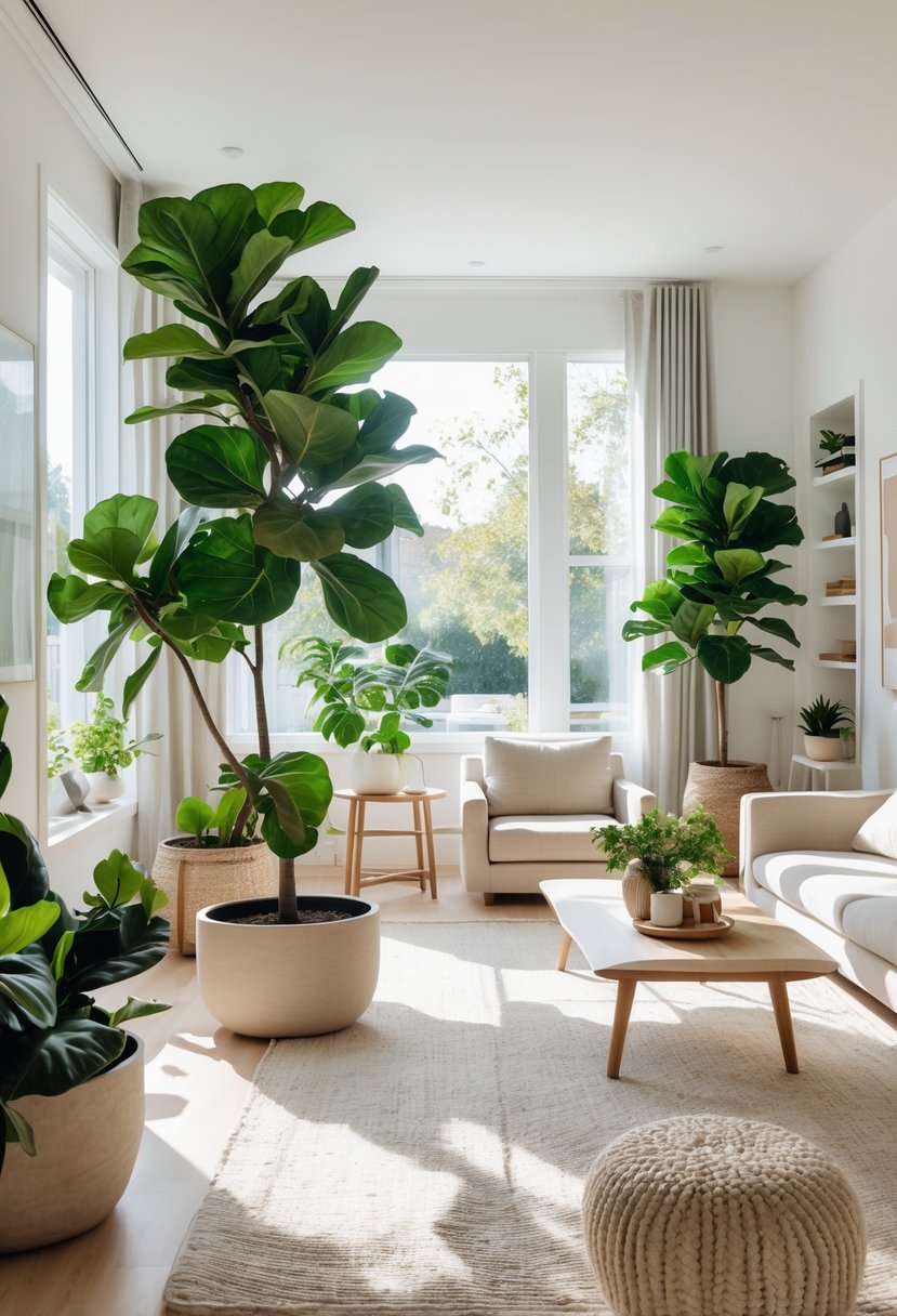 A bright living room with fiddle leaf fig plants near windows, comfortable seating, and a wooden coffee table.