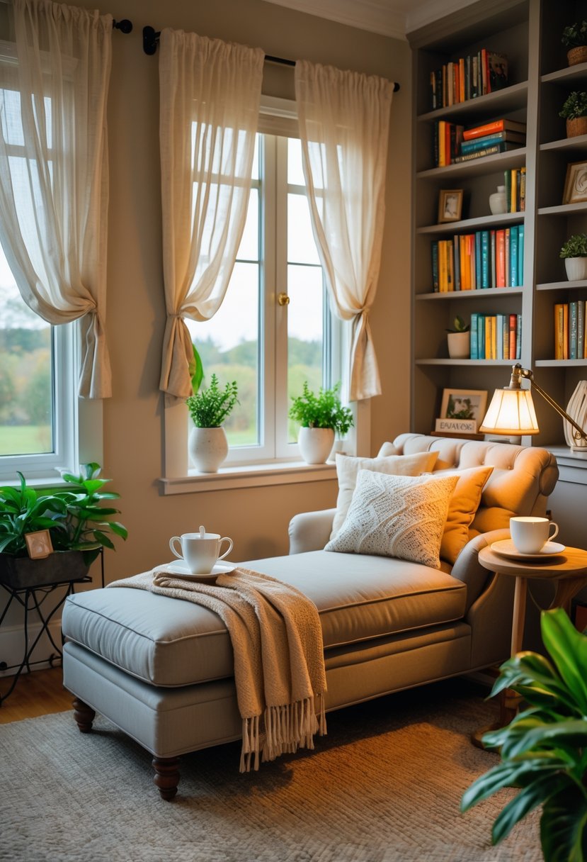 A cozy reading nook with a chaise lounge, bookshelves, a side table with a cup, and plants near a window.
