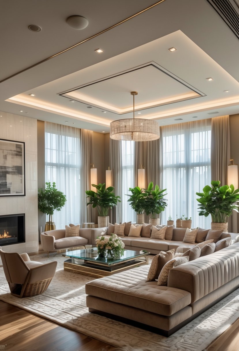 A spacious living room with a large sofa, coffee table, fireplace, and large windows letting in natural light.