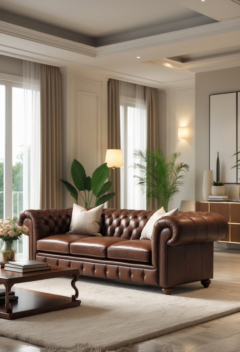 A spacious living room with a brown leather Chesterfield sofa, wooden coffee table, area rug, indoor plants, and large windows letting in natural light.