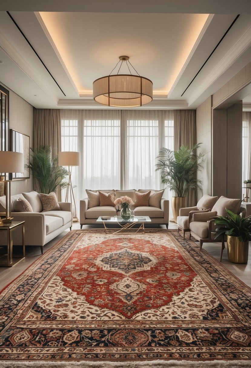 A luxurious living room with a large, detailed Persian rug on the floor, surrounded by comfortable seating and natural light from windows.