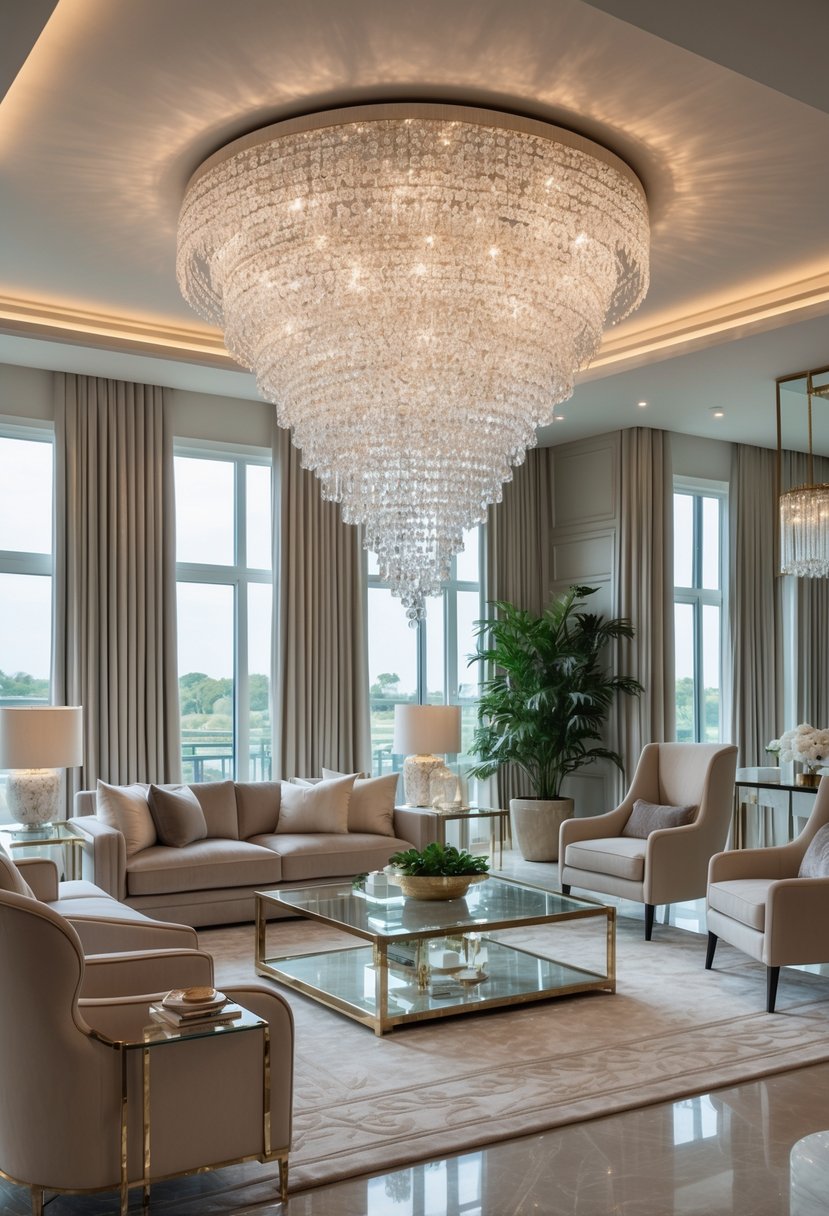 A spacious living room with a large crystal chandelier hanging from the ceiling, elegant sofas, and large windows letting in natural light.
