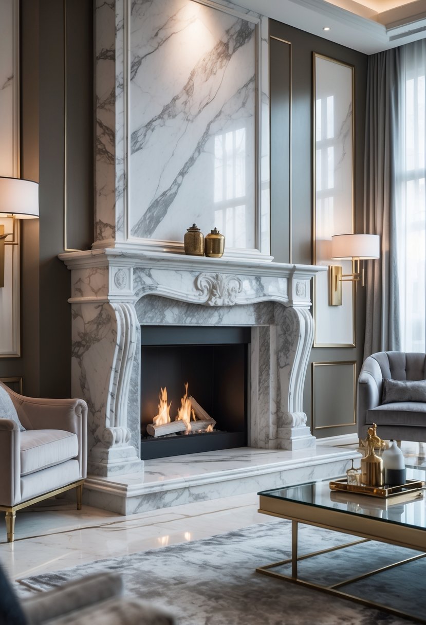 A spacious living room with a large marble fireplace surrounded by comfortable seating and decorative furnishings.