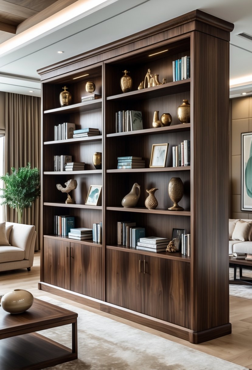 A walnut bookcase filled with books and decorative items in a well-lit living room with comfortable furniture and plants.
