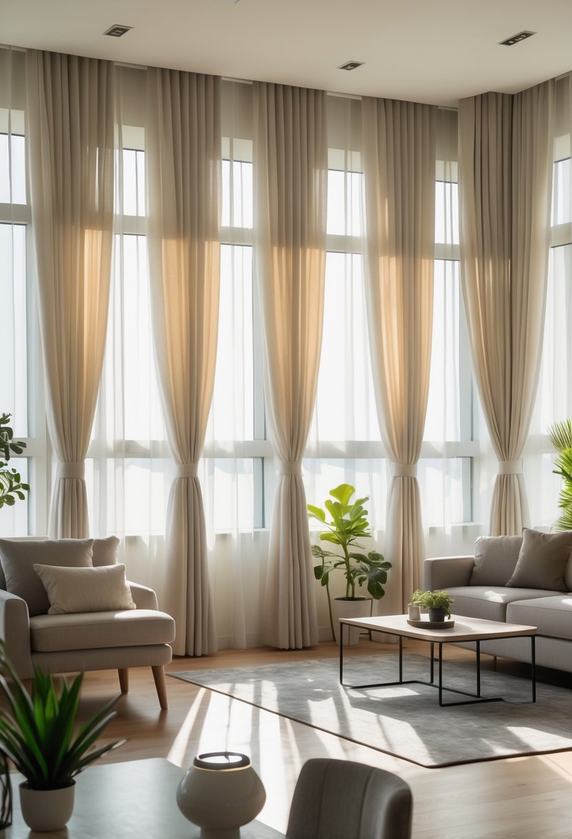 A bright living room with seven curtains hanging along a large wall of windows, featuring a sofa, coffee table, and plants.
