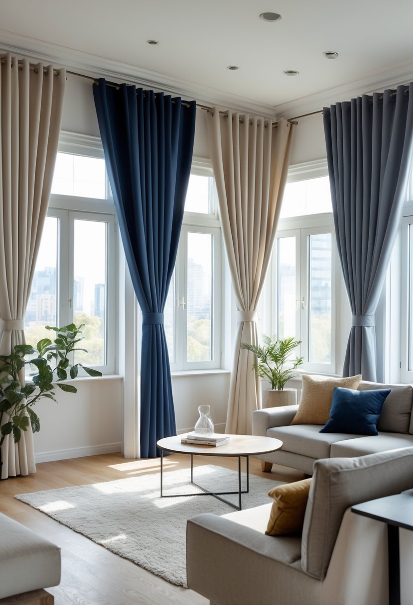 A living room with seven blackout curtains on large windows, filtering daylight and creating a cozy atmosphere.