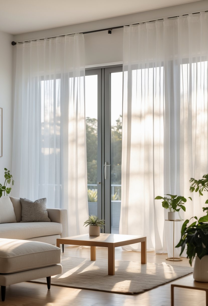 A living room with sheer white curtains softly filtering sunlight through large windows, with a sofa and coffee table visible.