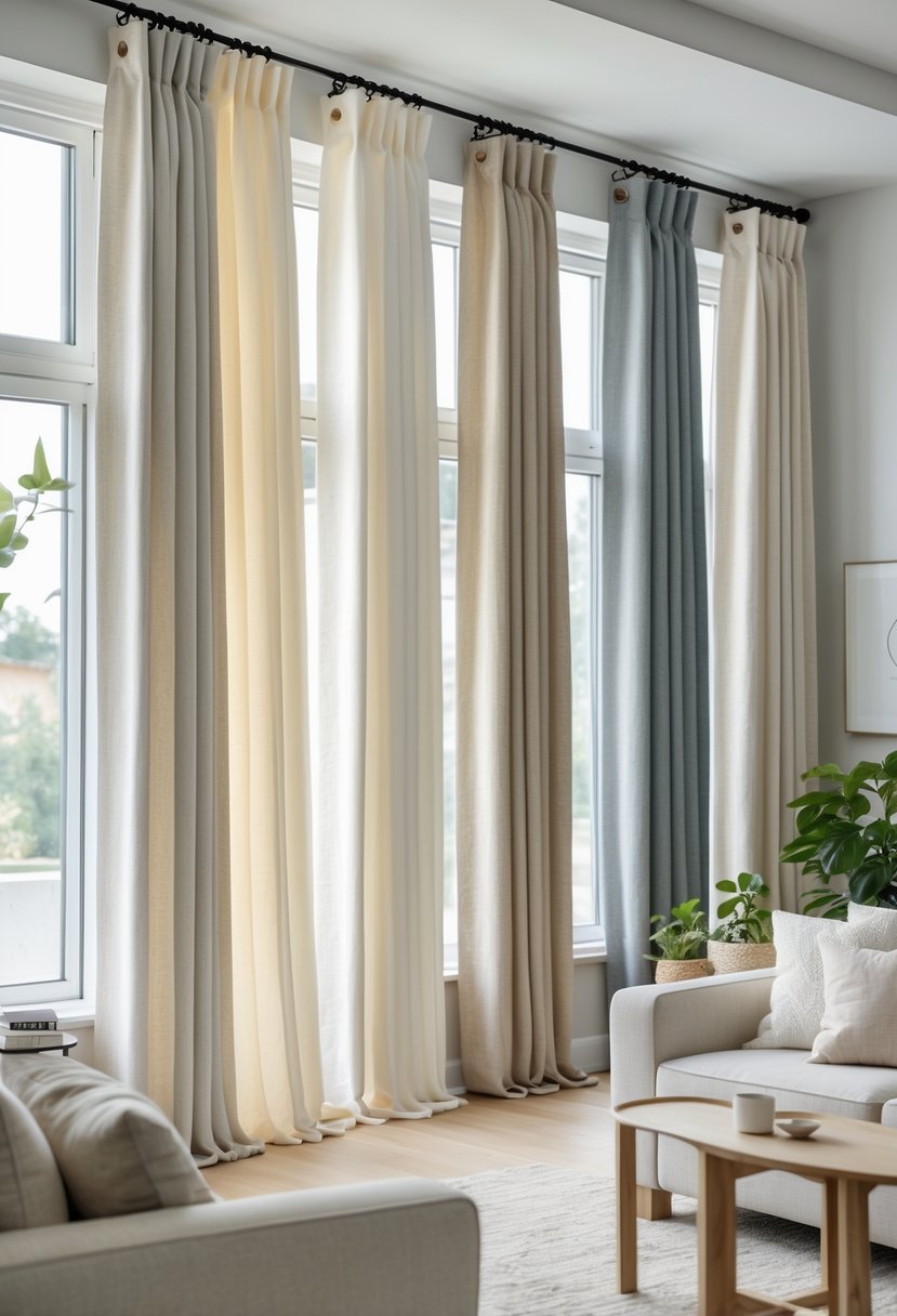 A living room with seven cotton blend curtains hanging on large windows, with natural light coming through and comfortable furniture inside.