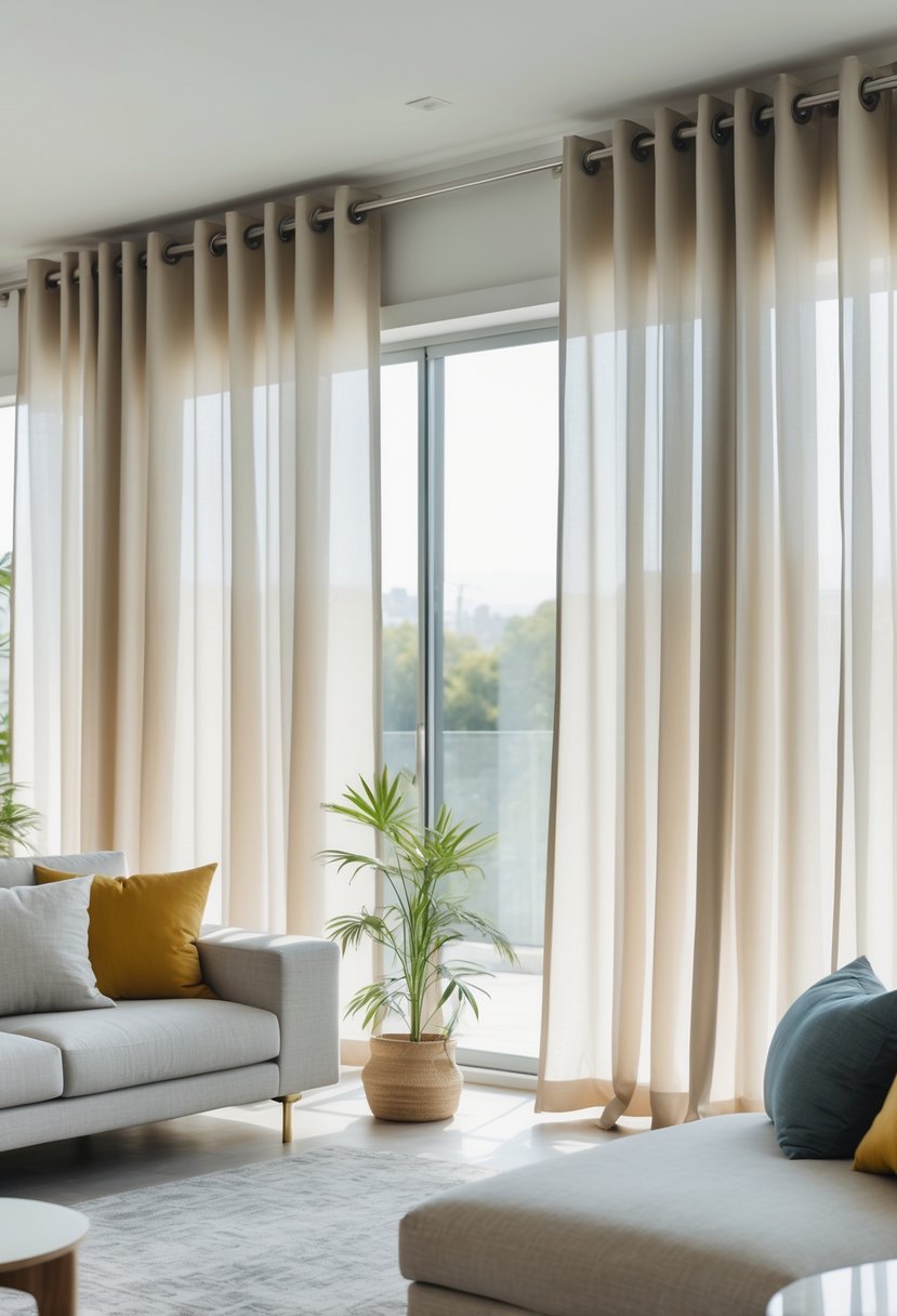 A living room with seven curtains hanging from a curtain rod over large windows, with a sofa and coffee table nearby.