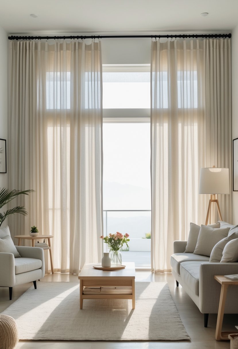 A living room with seven tab top curtains hanging over large windows, a sofa, coffee table, and indoor plants.