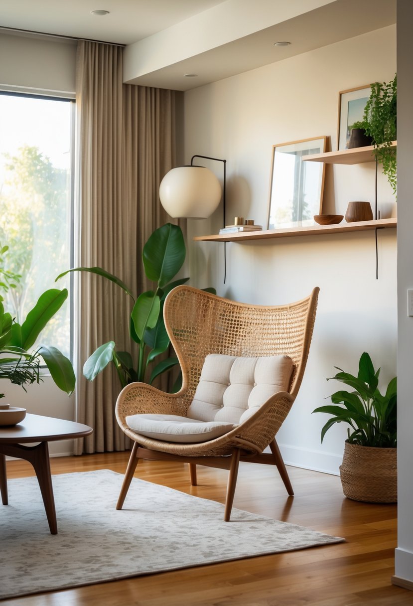 A living room with a distinctive chair near a window, a wooden coffee table, shelves with decor, and indoor plants.
