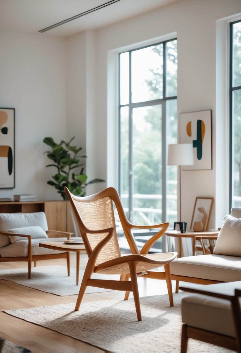 A bright living room with a wooden chair near a window, a sofa, coffee table, and decorative plants.