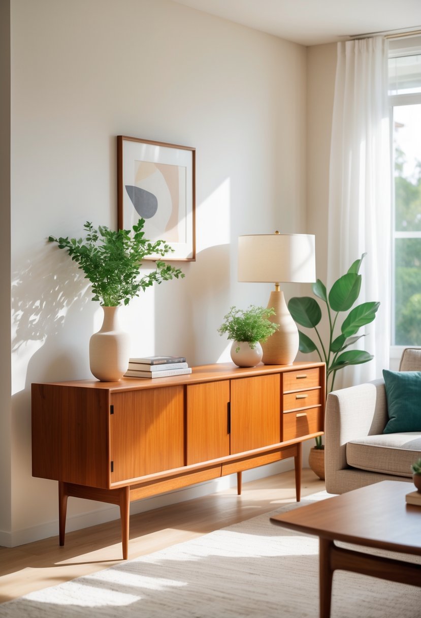 A living room with a wooden credenza, sofa, plants, and natural light coming through large windows.