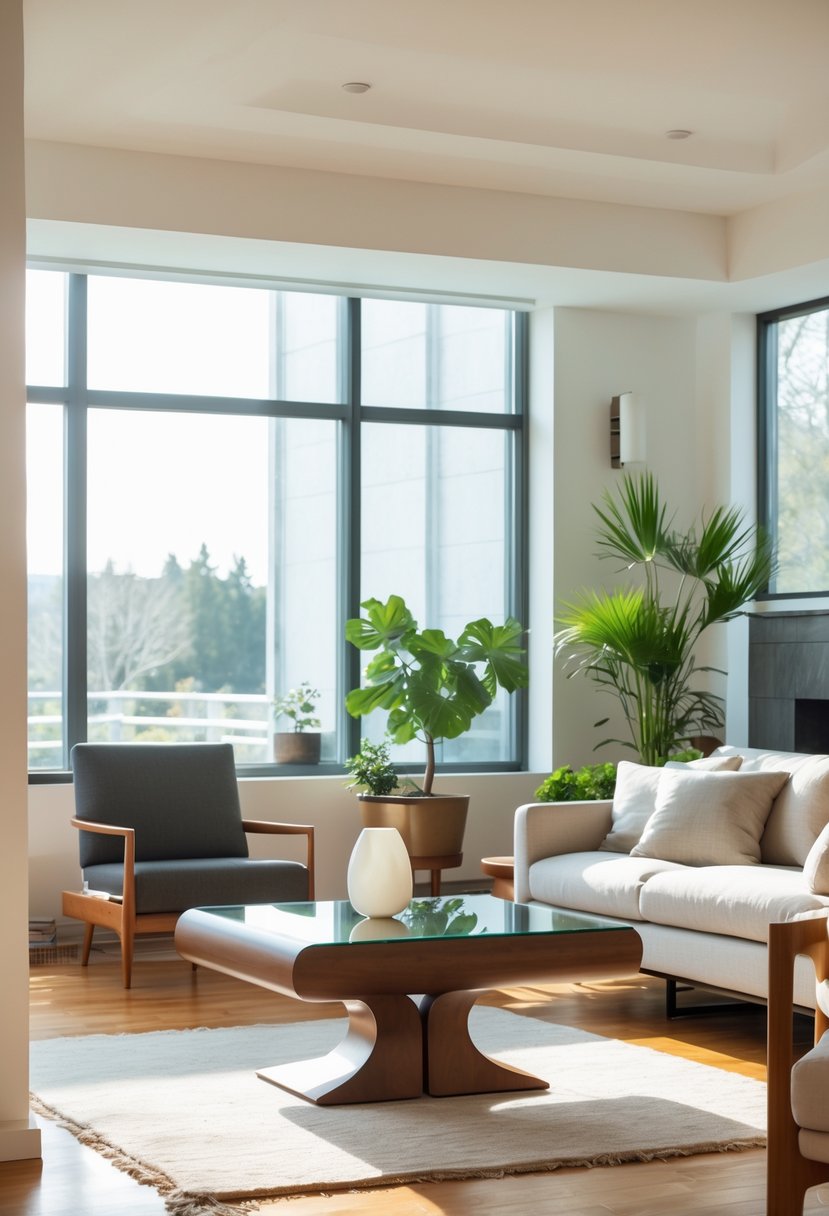 A bright living room with a wooden coffee table, sofa, armchairs, plants, and large windows letting in natural light.