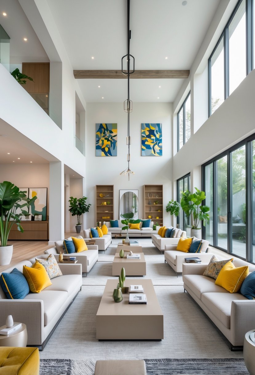 A spacious living room with twelve seating areas, large windows, modern furniture, and indoor plants.