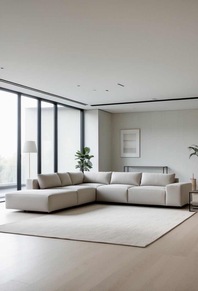 A modern living room with a large L-shaped sectional sofa, natural light from large windows, and simple decor including a plant and floor lamp.