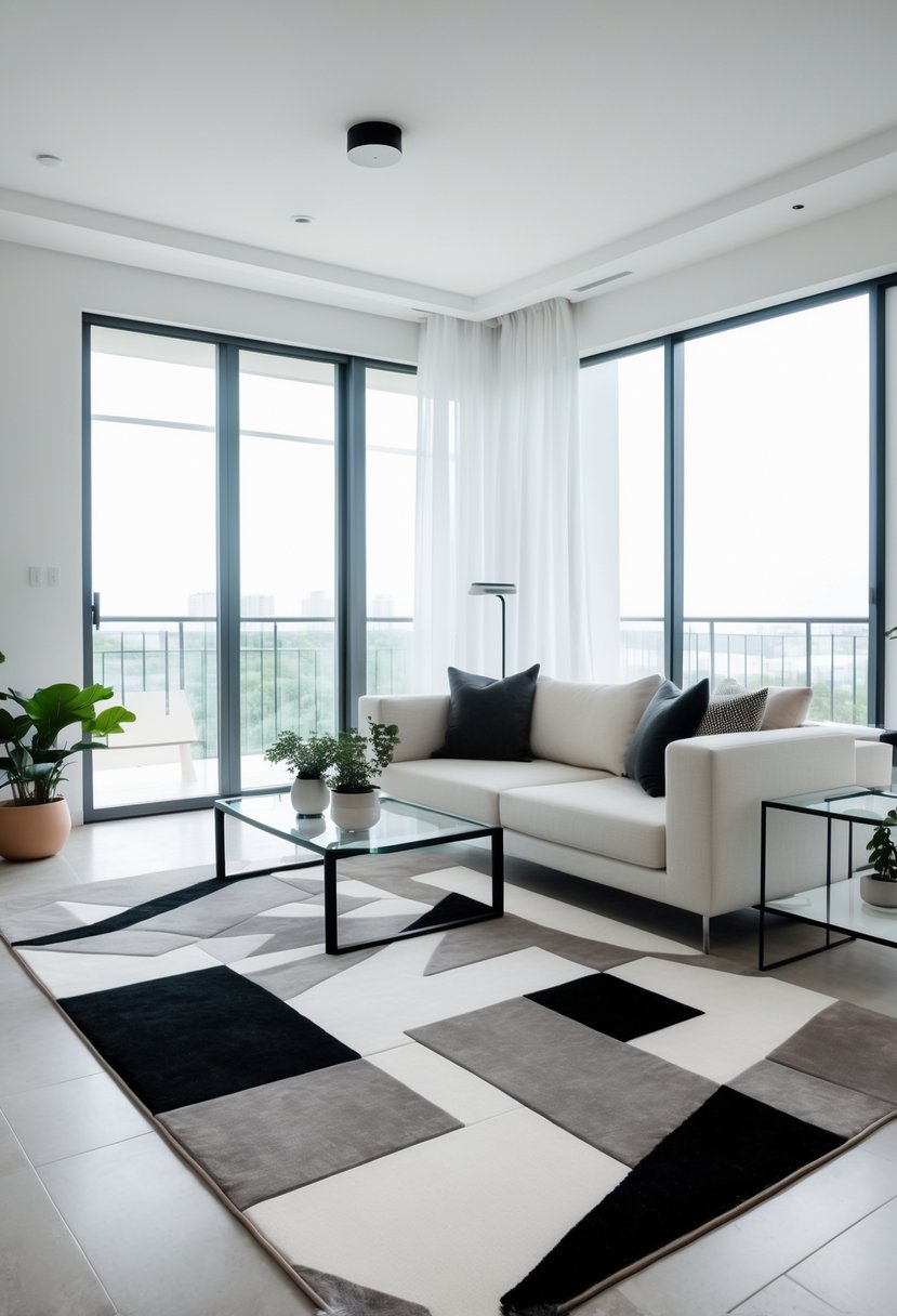 A bright living room with a geometric patterned rug, sofa, coffee table, and natural light from large windows.