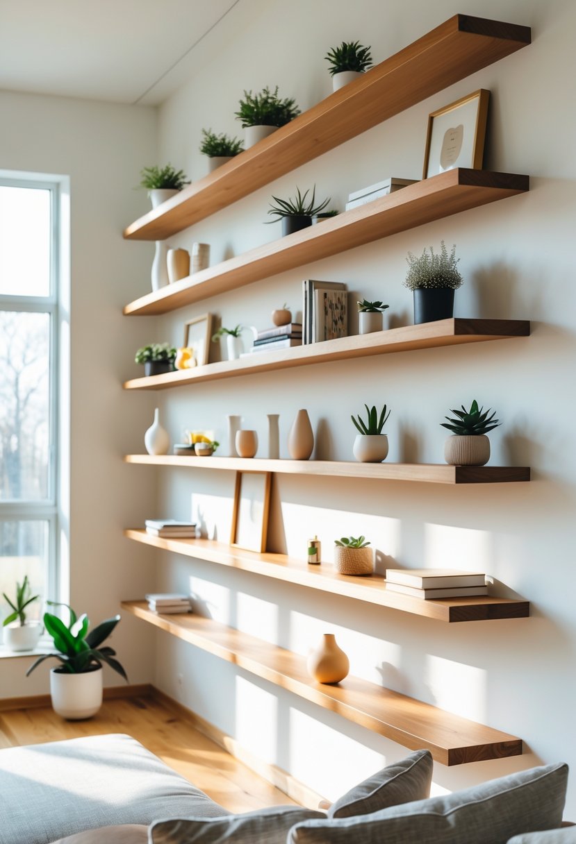 A modern living room with twelve floating wood shelves on a white wall displaying plants, books, and decorative items.
