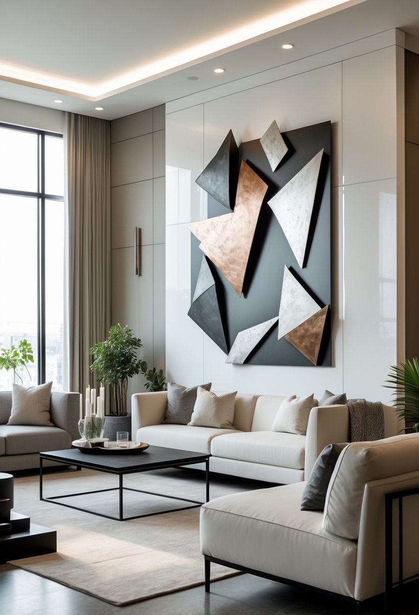 A modern living room with a sofa, coffee table, plants, and abstract metal wall art on the wall.