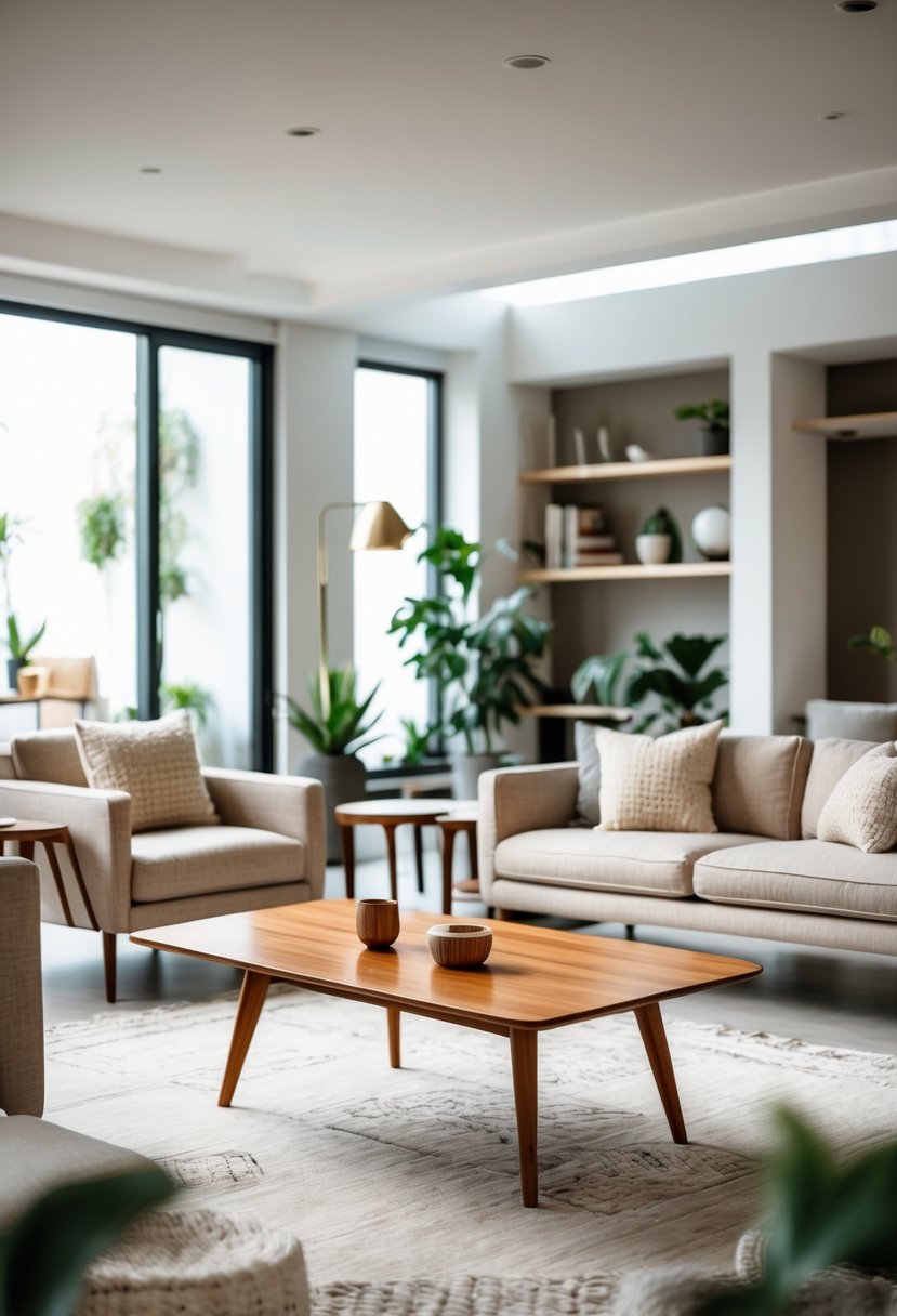 A bright living room with a wooden coffee table surrounded by sofas and armchairs, decorated with plants and shelves.