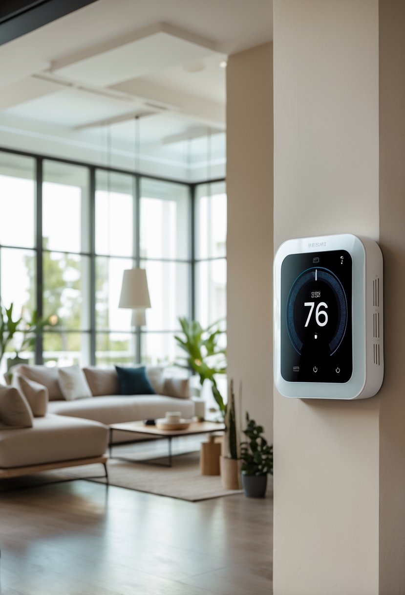 A modern living room with a smart thermostat mounted on the wall, featuring a sofa, coffee table, and indoor plants.